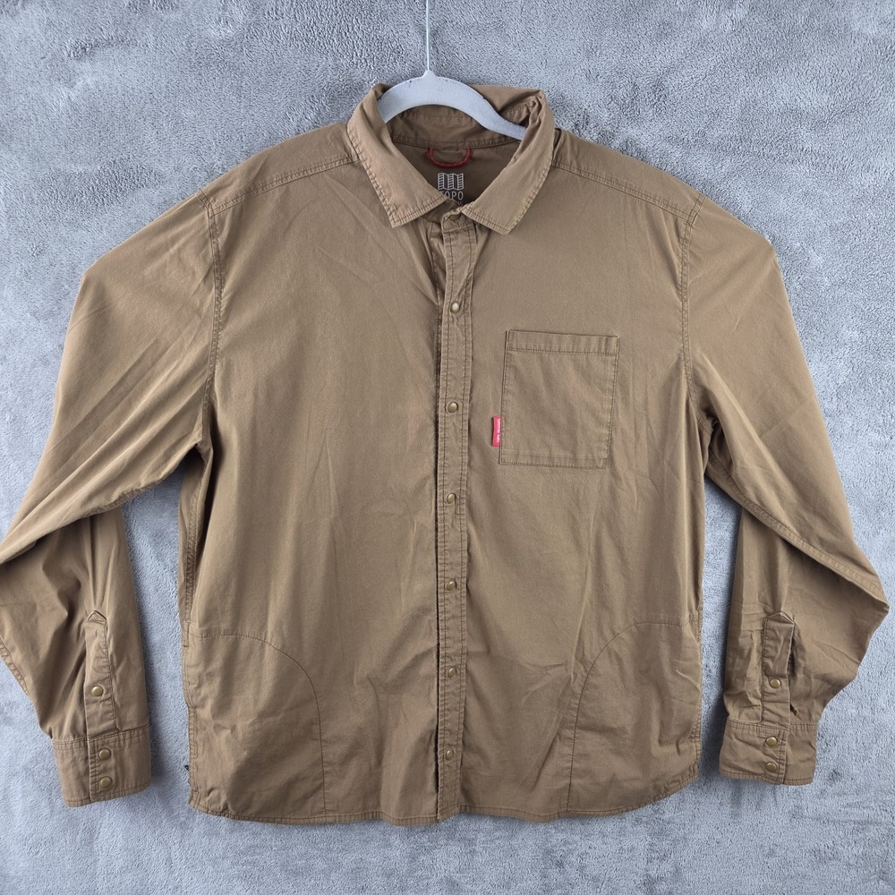 Topo Designs Snap Button Tan Brown Shirt Mens XL Hiking Western USA Nylon